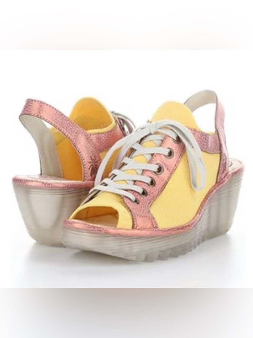 Fly London Yedu Wedge Sandals in Pink and Yellow, Size 37
